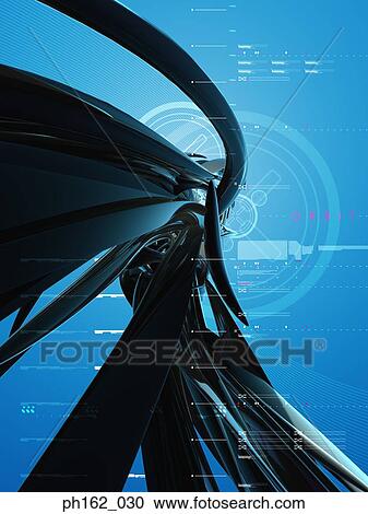 Stock Image - Three dimensional object moving toward a vanishing point, against blue background. Fotosearch