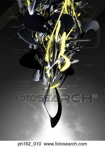 Stock Image - Yellow neon lights and three dimensional objects against black background. Fotosearch