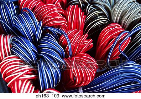 Stock Photo - Red, blue and grey wire cords. Fotosearch