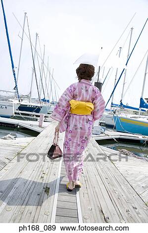 Stock Photo - Woman walking on boardwalk, towards the pier, rear view. Fotosearch