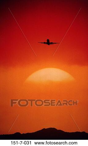 Stock Image - Outdoors, Sunrise, Aeroplane, Planes, Sunset, Aircraft, Aerial. Fotosearch