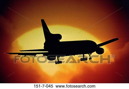 Stock Photography - Sunrise, Silhouette, Transportation, Soar, Airport, Airliner, Fly. Fotosearch
