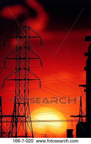 Stock Image - Electrical, Sunrise, Wiring, Powerplant, Utility, Lines, Tower. Fotosearch