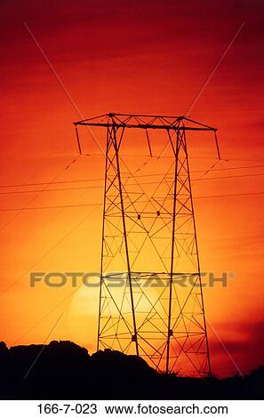 Stock Image - Lines, Tower, Wire, Energy, Pylon, Sun, Powerplant. Fotosearch