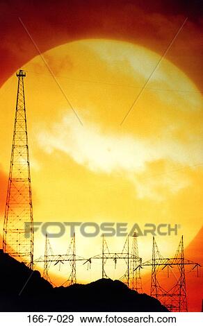 Stock Photo - Sunrise, Technology, Electric, Electrical, Electricity, Pylon, Wire. Fotosearch