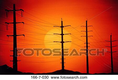 Stock Image - Technology, Electrical, Utility, Sunrise, Tower, Sky, Sunset. Fotosearch