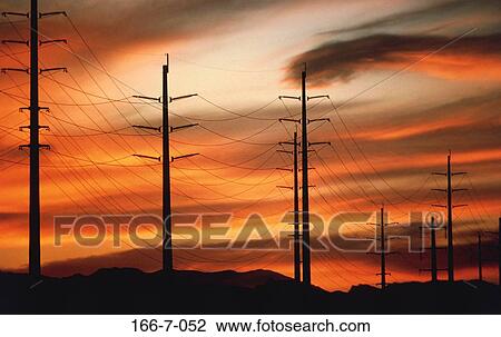 Stock Image - Wire, Power, Circuitry, Technology, Sunset, Energy, Pylon. Fotosearch
