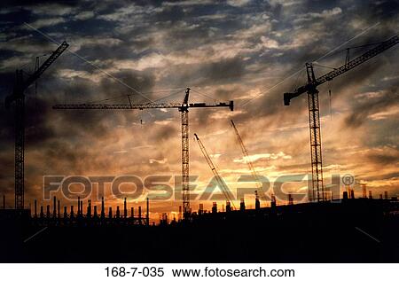 Construction, Equipment, Silhouette, Crane, Outside, Industry, Cranes View Large Photo Image Stock Photography - Construction, Equipment, Silhouette, Crane, Outside, Industry, Cranes. Fotosearch