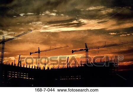 Equipment, Frame, Cranes, Silhouette, Crane, Construction, Site View Large Photo Image Picture - Equipment, Frame, Cranes, Silhouette, Crane, Construction, Site. Fotosearch