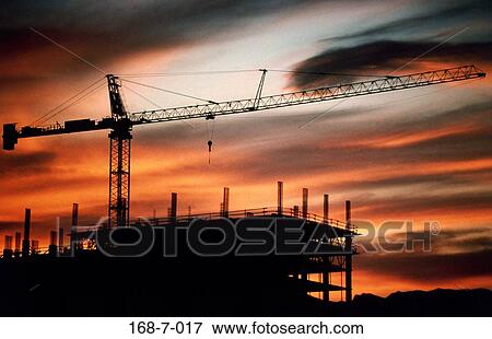 Stock Photo - Industrial, Construction, Cranes, Outside, Site, Construction, Silhouette. Fotosearch