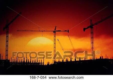Picture - Industrial, Construction, Sunset, Cranes, Sunrise, Frame, Construction. Fotosearch