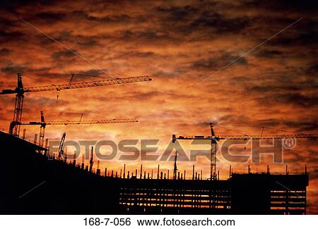 Industry, Construction, Sunrise, Equipment, Cranes, Industrial, Building View Large Photo Image Stock Photograph - Industry, Construction, Sunrise, Equipment, Cranes, Industrial, Building. Fotosearch