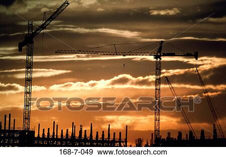 Industry, Outside, Building, Site, Construction, Sunrise, Silhouette View Large Photo Image Stock Photo - Industry, Outside, Building, Site, Construction, Sunrise, Silhouette. Fotosearch