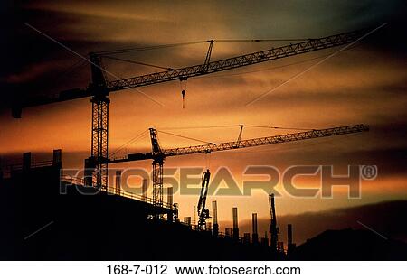 Sunset, Silhouette, Sunrise, Construction, Construction, Outside, Cranes View Large Photo Image Stock Image - Sunset, Silhouette, Sunrise, Construction, Construction, Outside, Cranes. Fotosearch