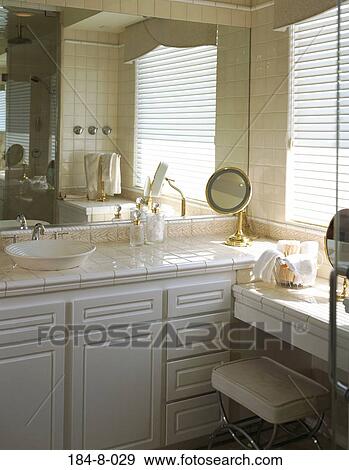 Bathroom, Bathroom, Furnishing, Wood, Spaces, Mirror, Window View Large Photo Image Stock Photo - Bathroom, Bathroom, Furnishing, Wood, Spaces, Mirror, Window. Fotosearch