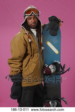 Stock Image - Looking, Up, Character, African, Real, Snowboard. Fotosearch