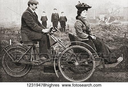 Stock Photograph - A Combination bicycle which carried the passenger in front and slightly to the left of the rider to enable him to see the road. The handlebars were replaced by a wheel and the engine was set forward. From The Pageant of the Century, published 1934.. Fotosearch