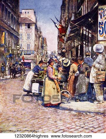 Stock Photograph - A Corner at the Rue de Seine, Paris, France. Colour illustration from the book France by Gordon Home published 1918. Fotosearch