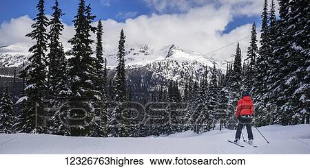 Stock Photograph - A female skier poses stands looking at the majestic mountain scenery at a ski resort; Whistler, British Columbia, Canada. Fotosearch