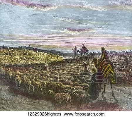 Stock Photograph - A hand coloured magic lantern slide circa 1900. Abraham journey to Cannan. Abram was 75 years old when he left Haran with his wife Sarai, his nephew Lot, and the substance and souls that they had acquired, and traveled to Shechem in Canaan. The journey.... Fotosearch
