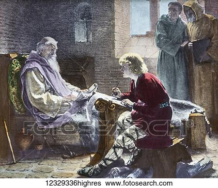 A hand coloured magic lantern slide circa 1900. Venerable Bede translating the last chapter of the bible St John. image of Bede only hours before he died. In attendance are two of his fellow monks looking somewhat distressed, while Bede himself... View Large Photo Image Stock Photograph - A hand coloured magic lantern slide circa 1900. Venerable Bede translating the last chapter of the bible St John. image of Bede only hours before he died. In attendance are two of his fellow monks looking somewhat distressed, while Bede himself.... Fotosearch