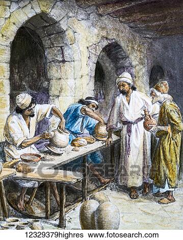 Stock Photograph - A hand coloured magic lantern slide circa 1900. Jeremiah and the potter using a potters wheel. Fotosearch