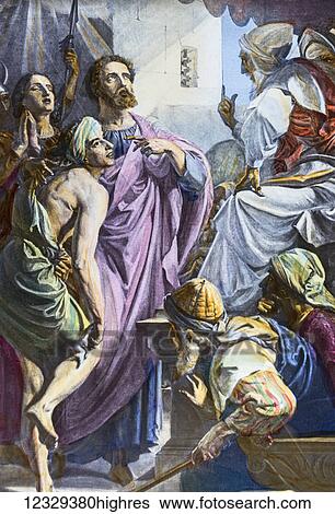Stock Photograph - A hand coloured magic lantern slide circa 1900. Jesus healing the blind man.. Fotosearch