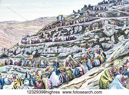 Stock Photograph - A hand coloured magic lantern slide circa 1900. Miracle of the Loves and Fishes by James Tissot. The desciples carrying the loaves of bread to the thousand. Fotosearch
