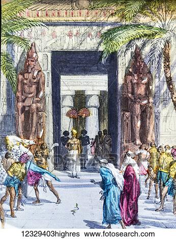 Stock Photograph - A hand coloured magic lantern slide circa 1900. The Lord said to Moses and Aaron, When Pharaoh says to you, Perform a miracle, then say to Aaron, Take your staff and throw it down before Pharaoh, and it will become a snake.. Fotosearch