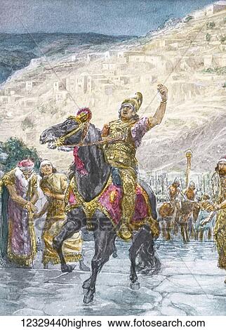 Stock Photograph - A hand coloured magic lantern slide circa 1900. The Assyrian Rabshaken. In 721 BCE, the Assyrian army captured the Israelite capital at Samaria and carried away the citizens of the northern kingdom into captivity. The virtual destruction of Israel.... Fotosearch