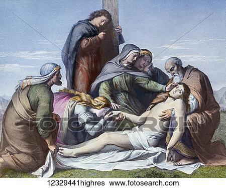 Stock Photograph - A hand coloured magic lantern slide circa 1900. The dead Christ at the foot of the cross. Mary and deciples with him. Fotosearch