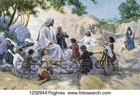 Stock Photograph - A hand coloured magic lantern slide circa 1900. The Lord is Joy, children dancing and playing around Jesus Christ. Fotosearch