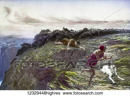A hand coloured magic lantern slide circa 1900. The Miracle of the Gaderene Swine. Dog and pigs running man laid on ground View Large Photo Image Stock Photograph - A hand coloured magic lantern slide circa 1900. The Miracle of the Gaderene Swine. Dog and pigs running man laid on ground. Fotosearch