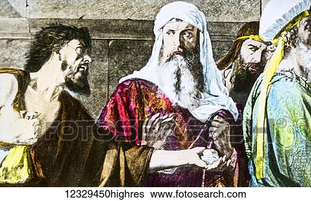 A hand coloured magic lantern slide circa 1900. The Remorse of Judas by ...