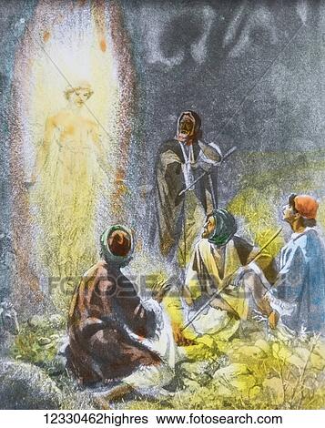 A hand coloured magic lantern slide circa 1900. Series The life of jesus of Nazareth. Angels appear to the shepherds. And there were shepherds in the same district living in the fields and keeping watch over their flock by night. And behold, an angel... View Large Photo Image Stock Photograph - A hand coloured magic lantern slide circa 1900. Series The life of jesus of Nazareth. Angels appear to the shepherds. And there were shepherds in the same district living in the fields and keeping watch over their flock by night. And behold, an angel.... Fotosearch