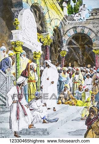 Stock Photograph - A hand coloured magic lantern slide circa 1900. Series The life of jesus of Nazareth. THE AUTHORITY OF OUR LORD CHALLENGED. the chief priests and Scribes together with the elders came up and spoke to him, saying, Tell us, by what authority dost thou.... Fotosearch