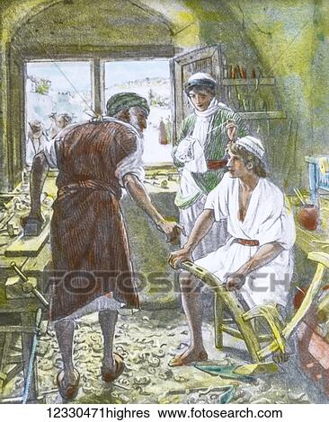 Stock Photograph - A hand coloured magic lantern slide circa 1900. Series The life of jesus of Nazareth. The holy family in the workshop in Nazareth. And he went down with them and came to Nazareth, and was subject to them; and his mother kept all these things carefully.... Fotosearch