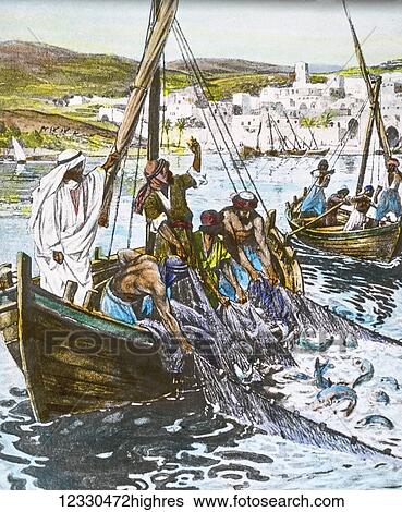 Stock Photograph - A hand coloured magic lantern slide circa 1900. Series The life of jesus of Nazareth. Miralulous draught of fishes. Peter was a fisherman and knew that his skill had found no fish. On Our Lords command, however, he lets down his net. The miraculous.... Fotosearch