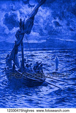 Stock Photograph - A hand coloured magic lantern slide circa 1900. Series The life of jesus of Nazareth. CHRIST WALKS ON THE WATER. Now when evening had come, his disciples went down to the sea, And getting a boat, they went across the sea towards Capharnaum. And it was.... Fotosearch
