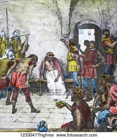 A hand coloured magic lantern slide circa 1900. Series The life of jesus of Nazareth. THE CROWNING WITH THORNS So Pilate, wishing to satisfy the crowd, released to them Barabbas; but Jesus he scourged and delivered to be crucified. Now the soldiers... View Large Photo Image Stock Photograph - A hand coloured magic lantern slide circa 1900. Series The life of jesus of Nazareth. THE CROWNING WITH THORNS So Pilate, wishing to satisfy the crowd, released to them Barabbas; but Jesus he scourged and delivered to be crucified. Now the soldiers.... Fotosearch