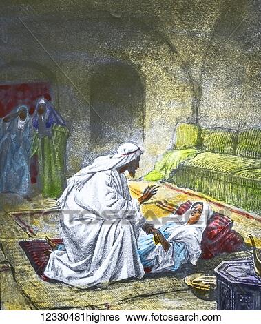 Stock Photograph - A hand coloured magic lantern slide circa 1900. Series The life of jesus of Nazareth. THE CURE OF JAIRUS DAUGHTERAnd behold, there came a man named Jairus, and he was ruler of the synagogue; and falling at the feet of Jesus, he entreated him to come to.... Fotosearch