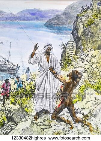 Stock Photograph - A hand coloured magic lantern slide circa 1900. Series The life of jesus of Nazareth. THE CURE OF THE DEMONIAC OE GERASA And they came to the other side of the sea, to the country of the Gerasenes, and as soon as he stepped out of the boat, there met.... Fotosearch