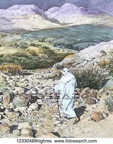 Stock Photograph - A hand coloured magic lantern slide circa 1900. Series The life of jesus of Nazareth. Our Lord retires to the desert. Fotosearch