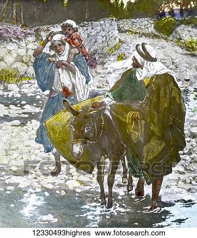 Stock Photograph - A hand coloured magic lantern slide circa 1900. Series The life of jesus of Nazareth. The flight into Egypt. And when they (the Magi) had departed, behold, an angel of the Lord appeared in a dream to Joseph, saying, Arise and take the child and his.... Fotosearch
