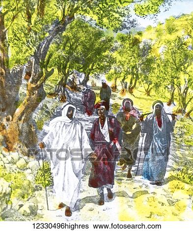 Stock Photograph - A hand coloured magic lantern slide circa 1900. Series The life of jesus of Nazareth. the journey to Galilee. Fotosearch