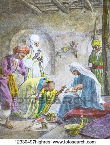 Stock Photograph - A hand coloured magic lantern slide circa 1900. Series The life of jesus of Nazareth. The gifts of the Magi ( three wise men ). And entering the house, they found the child with Mary his mother, and falling down they worshipped him. And opening their.... Fotosearch