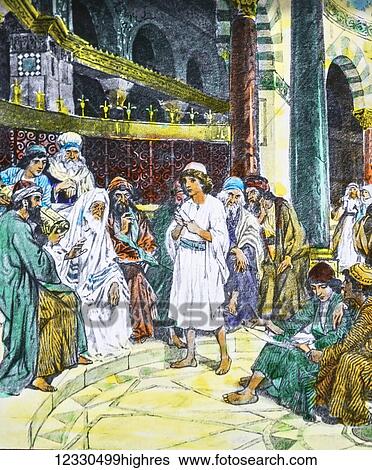 Stock Photograph - A hand coloured magic lantern slide circa 1900. Series The life of jesus of Nazareth. the Toss in the temple. when he was twelve years old, they went up to Jerusalem according to the custom of the Feast (the Passover). And after they had fulfilled the.... Fotosearch