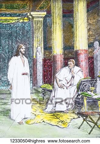 A hand coloured magic lantern slide circa 1900. Series The life of jesus of Nazareth. JESUS AND PILATE Pilate therefore said to him, Thou art then a king? Jesus | answered, Thou sayest it; I am a king. For this was I born | and for this have I come... View Large Photo Image Stock Photograph - A hand coloured magic lantern slide circa 1900. Series The life of jesus of Nazareth. JESUS AND PILATE Pilate therefore said to him, Thou art then a king? Jesus | answered, Thou sayest it; I am a king. For this was I born | and for this have I come.... Fotosearch