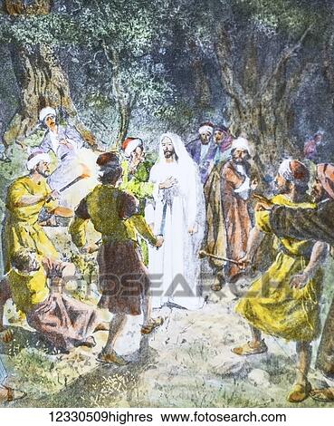 Stock Photograph - A hand coloured magic lantern slide circa 1900. Series The life of jesus of Nazareth. THE BETRAYAL BY JUDAS And while they were yet speaking, behold, a crowd came; and he who was called Judas, one of the Twelve, was going before them, and he drew near.... Fotosearch