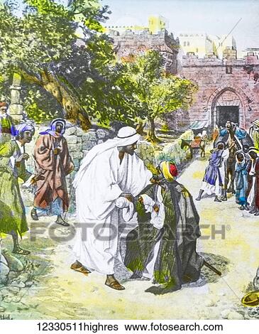 A hand coloured magic lantern slide circa 1900. Series The life of jesus of Nazareth. Cure of the leper. A Lord, if thou wilt, thou canst make me clean. And stretching forth his hand, Jesus touched him, saying: I will; be thou made clean. And... View Large Photo Image Stock Photograph - A hand coloured magic lantern slide circa 1900. Series The life of jesus of Nazareth. Cure of the leper. A Lord, if thou wilt, thou canst make me clean. And stretching forth his hand, Jesus touched him, saying: I will; be thou made clean. And.... Fotosearch
